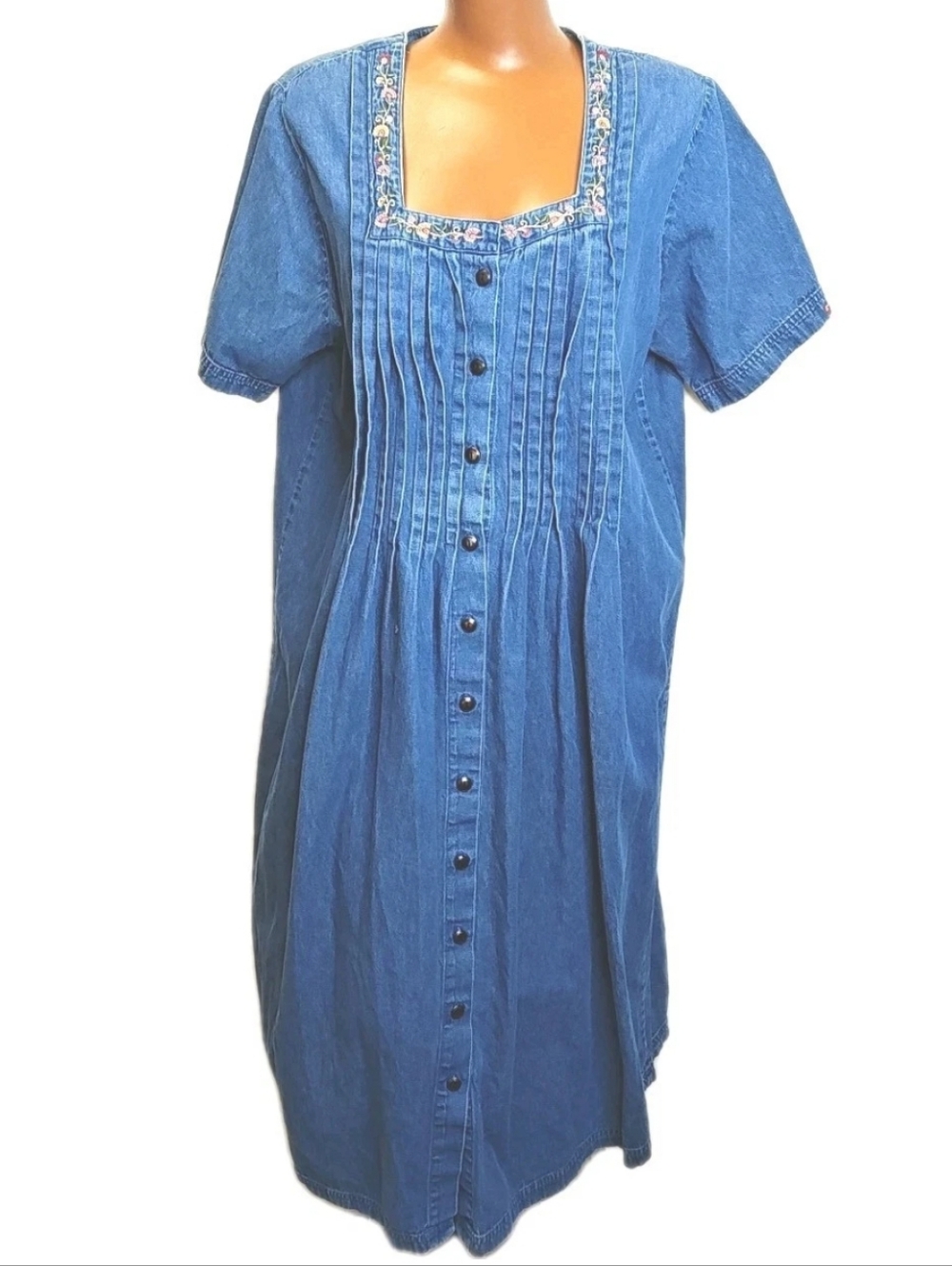 Roamans Floral Embroidered Denim Pleated Midi Dress Lg Blue Denim Button Cottage
